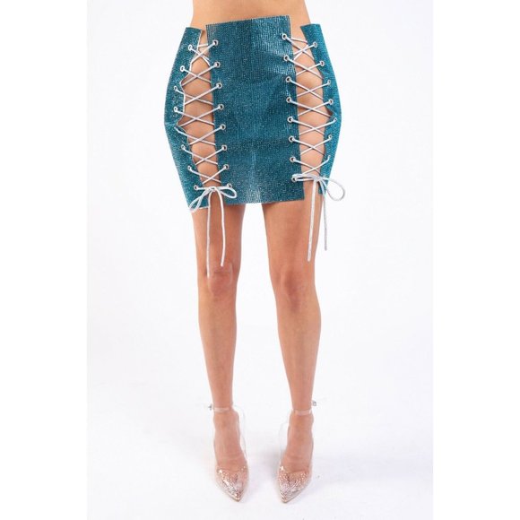 Sexy Full Rhinestones 4 Sides White Lace Up Stretch Party Rave Club Mini Skirt - Picture 1 of 8